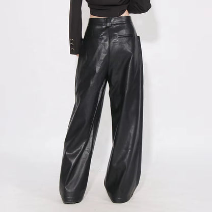 OUDINA Street Style High Waist Skinny Denim Casual Trousers Black PU Leather Pant Women'S Leather Pants