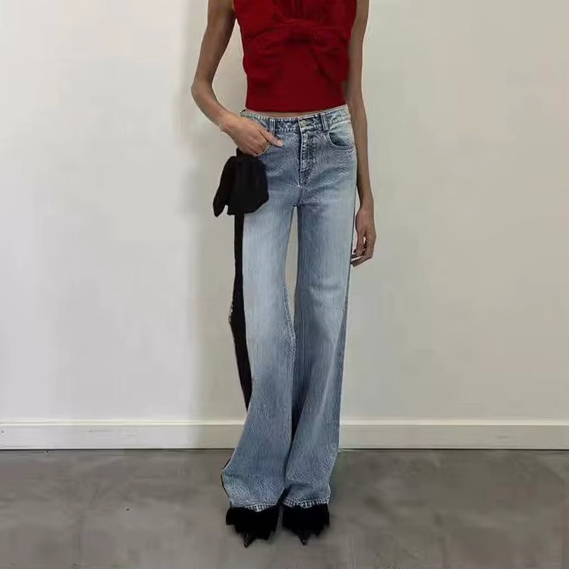 OUDINA New Temperament Bow Splicing Contrast Color Flared Jeans Elegant Simple Denim Jeans Casual Women'S Jeans