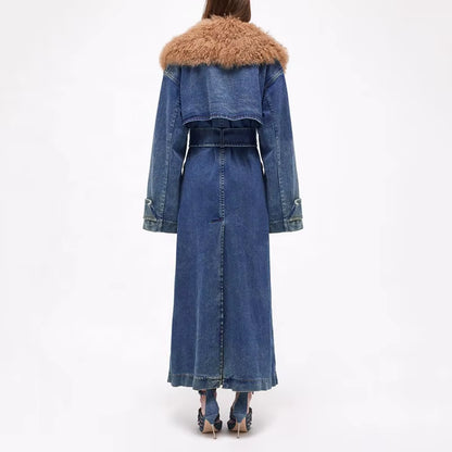  Detachable Fur Collar Denim Trench Coat 