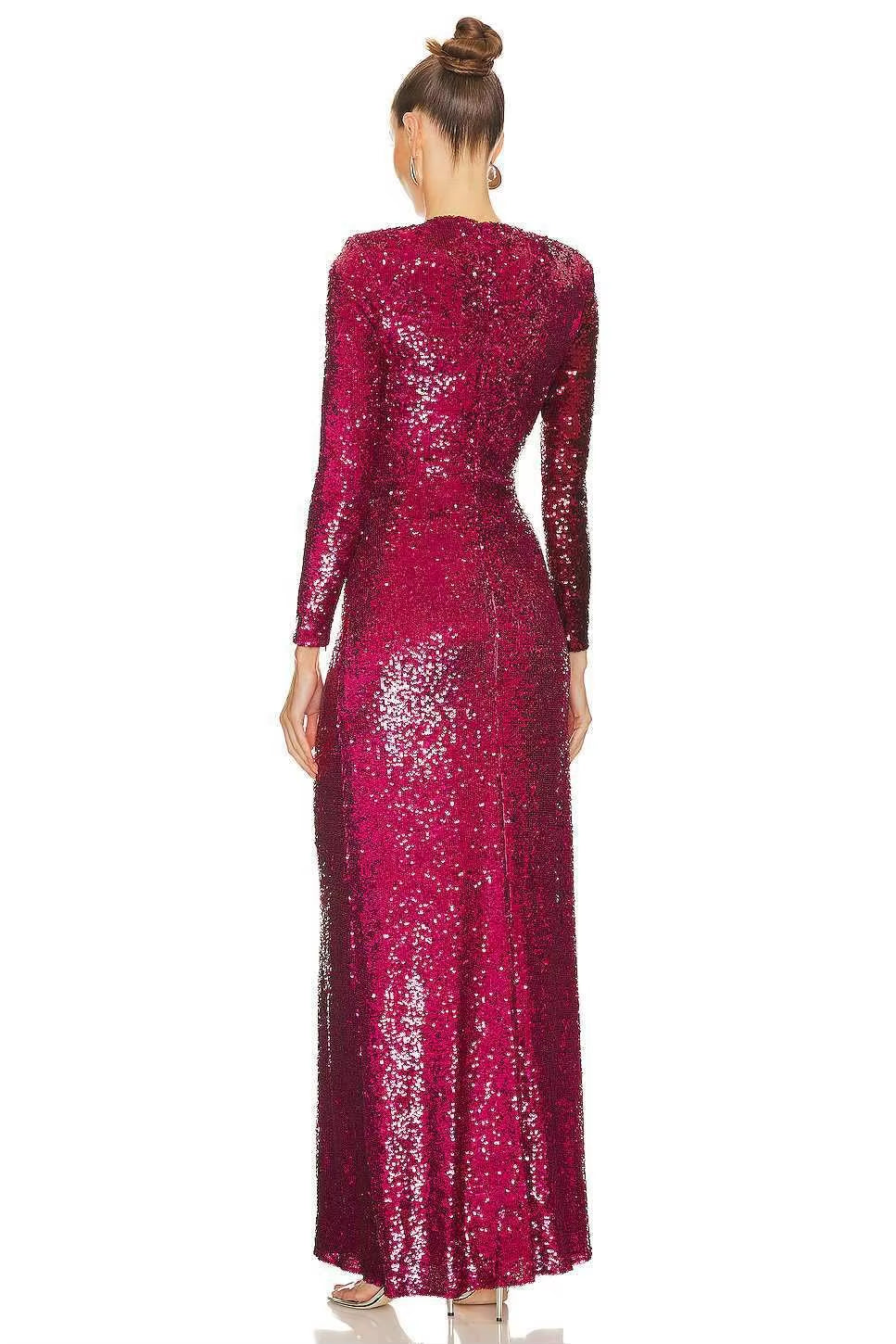 OUDINA Wholesale Contrasting Colors Block round Neck Sequined Shiny Long Sleeve Dresses Chic Women Elegant Evening Dress