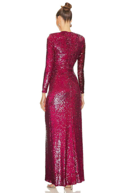 OUDINA Wholesale Contrasting Colors Block round Neck Sequined Shiny Long Sleeve Dresses Chic Women Elegant Evening Dress