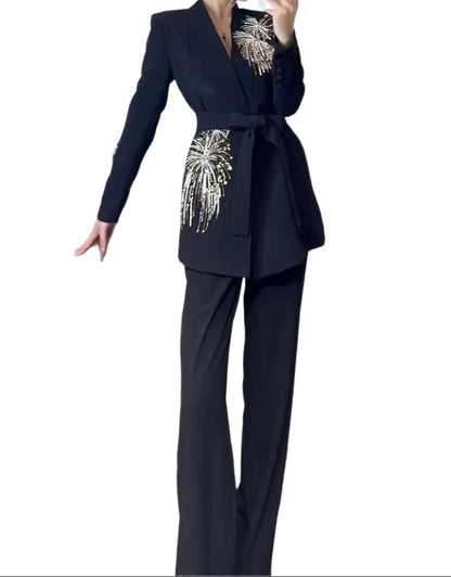 Fireworks Pattern Beaded Flared Pants Professional Suit Two Piece Sets Blazer Women Suits