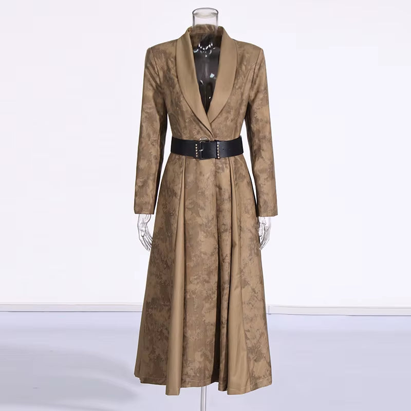 OUDINA Fashion High-End V-Neck Belt Print Long Lady Trench Coats Elegant Trench Coat Women Casual Coats