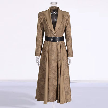OUDINA Fashion High-End V-Neck Belt Print Long Lady Trench Coats Elegant Trench Coat Women Casual Coats