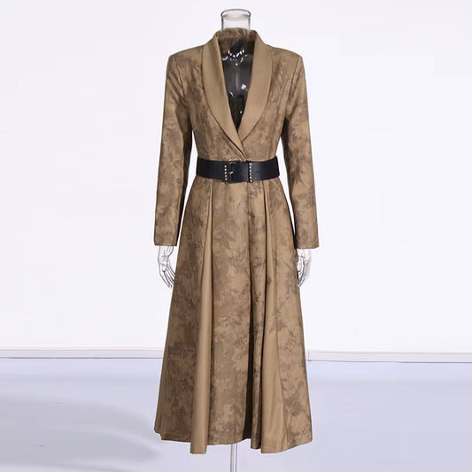OUDINA Fashion High-End V-Neck Belt Print Long Lady Trench Coats Elegant Trench Coat Women Casual Coats