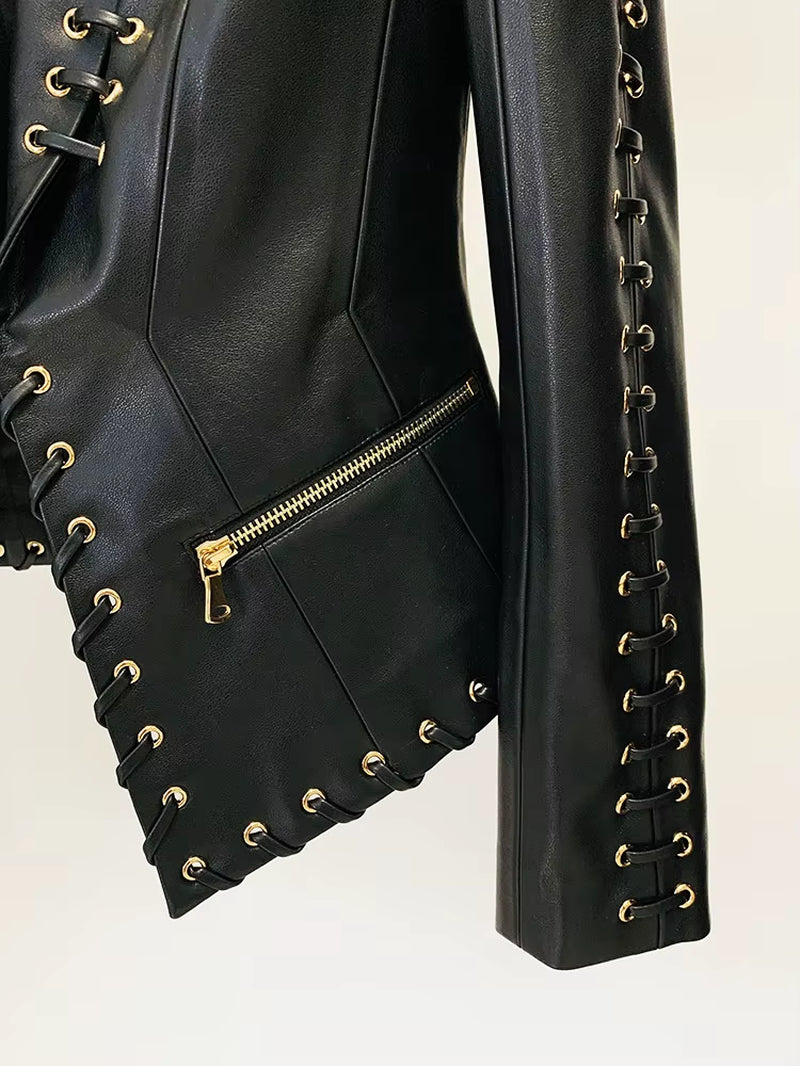 OUDINA Trendy Wholesale Supplies Eyelet Rope Drawstring Slim Suit Jacket Coat Women'S Blazer PU Leather Jacket