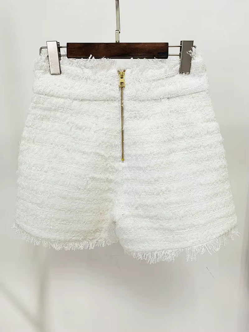 OUDINA Wholesale Two Piece Sets Knitted Profession Office Fringed Tweed Blazer Shorts Suit Set for Ladies Women'S Suits & Tuxedo