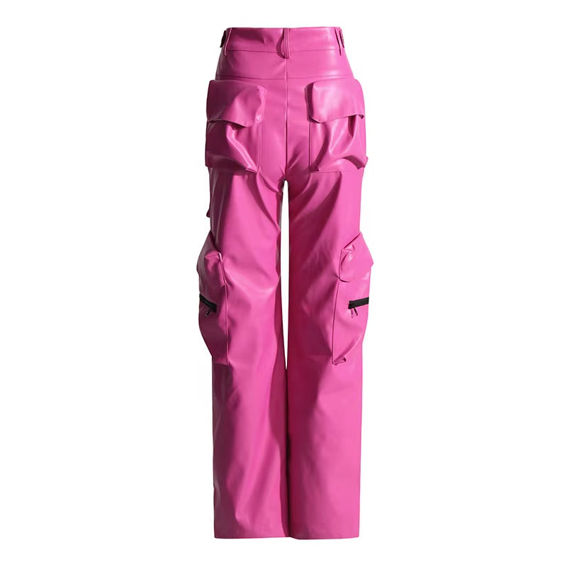 OUDINA New Street Fashion Multi Pocket PU Design High-Waist Slim Leather Cargo Pants Women