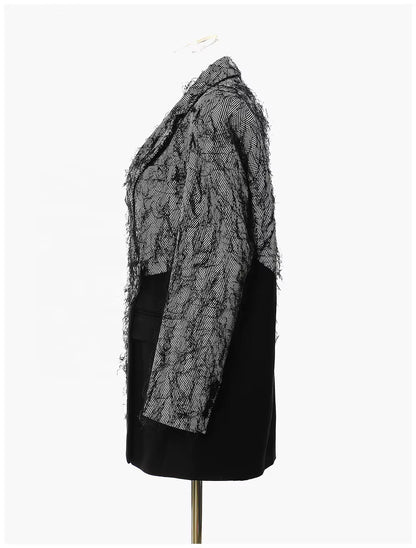 OUDINA RTS Winter Trendy Unique Design Patchwork Irregular Loose Oversized Tassel Blazer Ladies Women