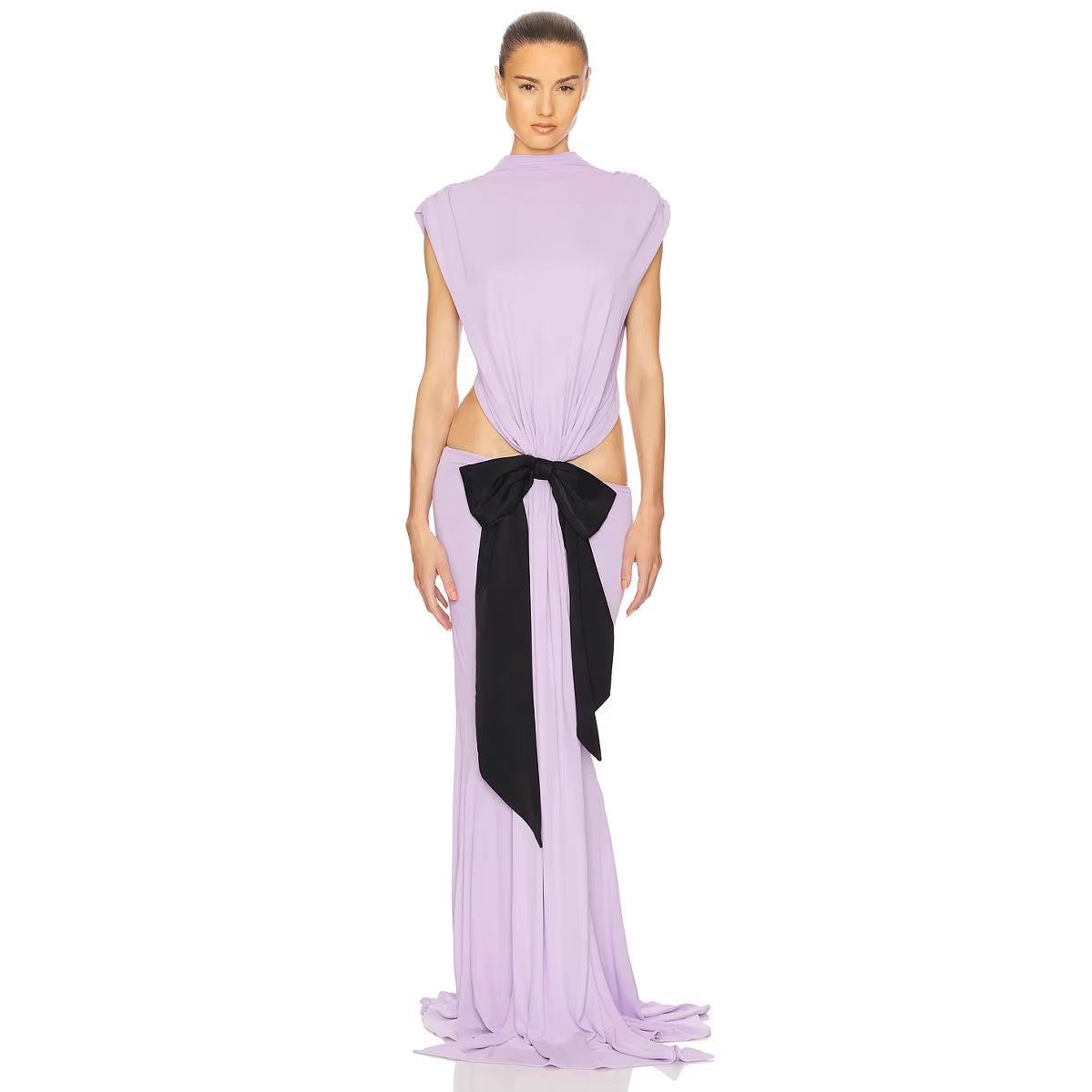 OUDINA Women'S Clothing Casual Sleeveless Waist-Baring Bow Fishtail Dresses Evening Lady Elegant Party Dress for Women