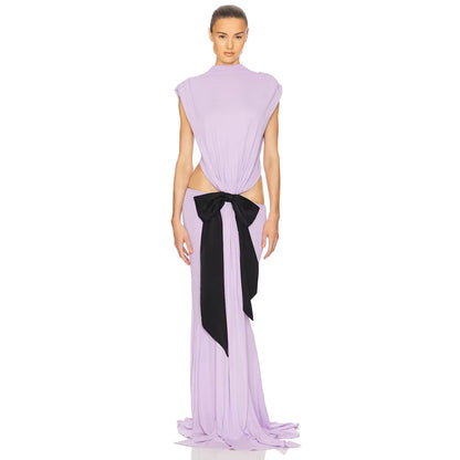 OUDINA Women'S Clothing Casual Sleeveless Waist-Baring Bow Fishtail Dresses Evening Lady Elegant Party Dress for Women