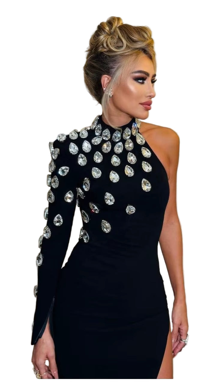OUDINA Temperament Knotted Women'S Clothing Long Sleeve Party Long Evening Diamond Rhinestones Bandage Dresses