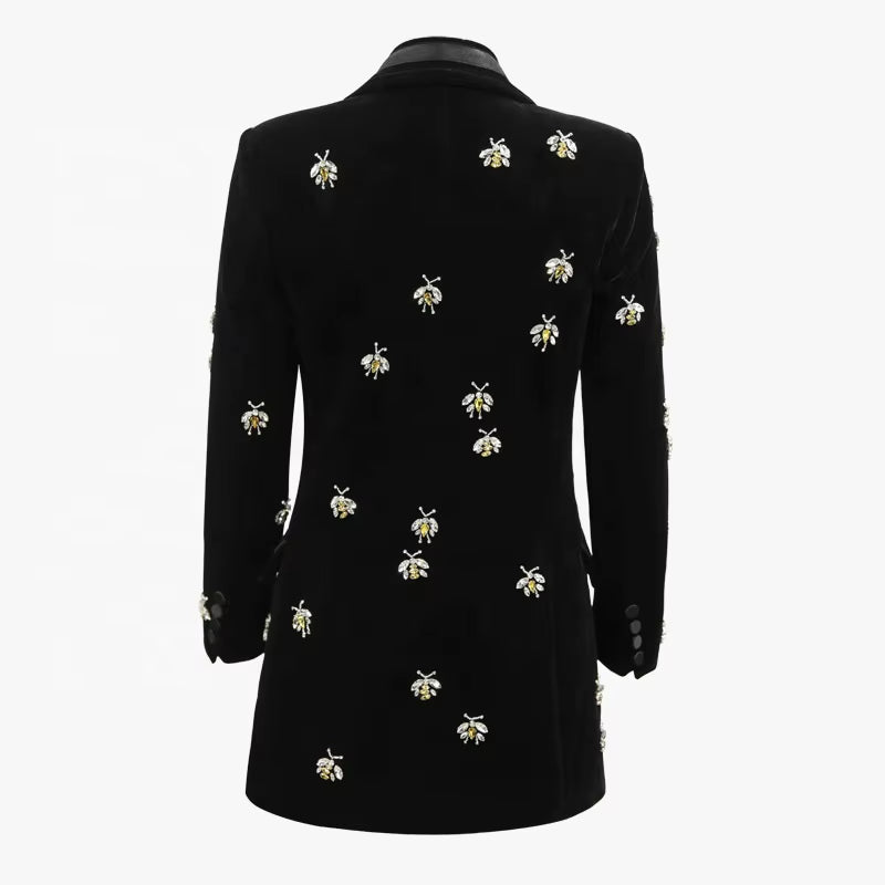 OUDINA High Quality Stylish Bee Beaded Suit Jacket Velvet Blazers Women Mujer Arket Blazer