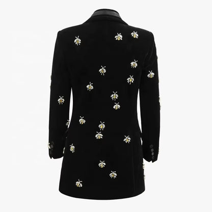 OUDINA High Quality Stylish Bee Beaded Suit Jacket Velvet Blazers Women Mujer Arket Blazer
