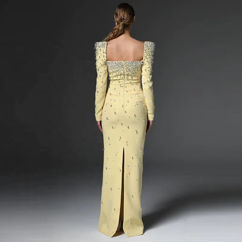 OUDINA Stylish New Long Sleeve Square Collar Beaded Diamond Rhinestones 3XL plus Size Long Gown Women Elegant Party Dresses