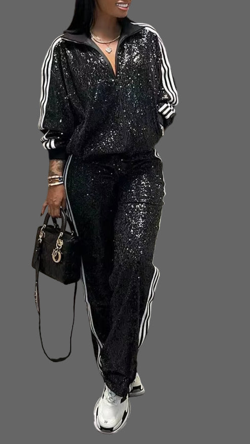 OUDINA Drop-Shipping Fashionable Sequin Pants Suit Autumn Casual Two Piece Set Women Clothing