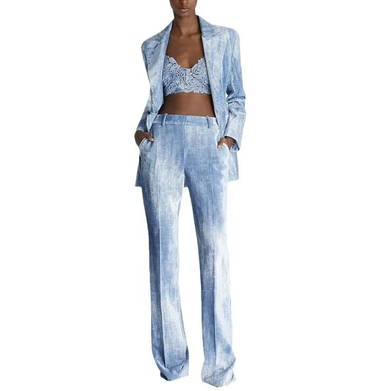 OUDINA Customize OEM&ODM Two Piece Tie Dye Print Mid-Length Suit Blazer Sets Jacket Elegant Pants Women'S Suit