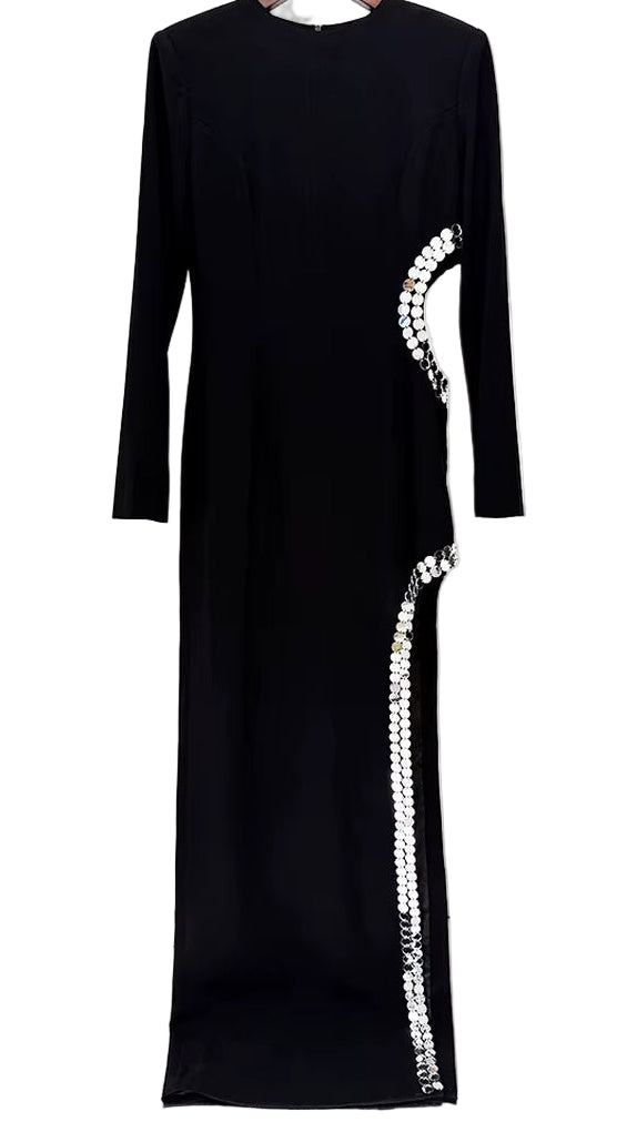 OUDINA Women Star Fashion Temperament Side Slit Hollow Beaded Long Dress plus Size Rhinestones Birthday Formal Dress Woman
