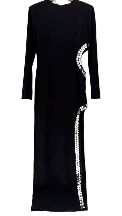 OUDINA Women Star Fashion Temperament Side Slit Hollow Beaded Long Dress plus Size Rhinestones Birthday Formal Dress Woman