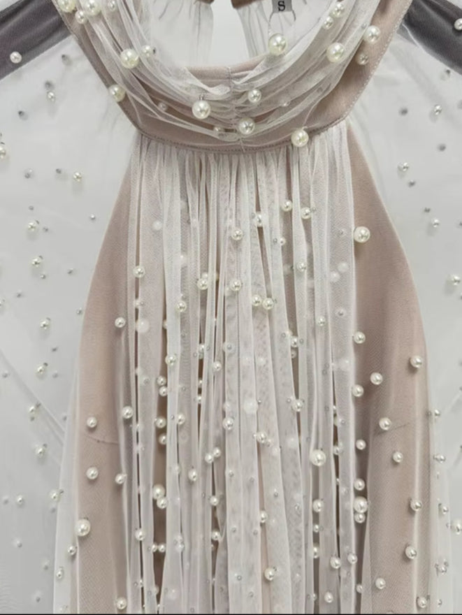 OUDINA Fast Shipping Fashion See through Beaded Hollow Mesh Long Dress Gown Elegant Luxury Evening Dresses