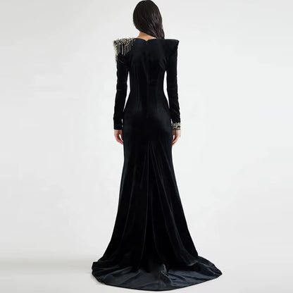 OUDINA Wholesale Manufacturer Beaded Acetate Velvet Train Long Dresses Party Club Evening Elegant Women'S Dress