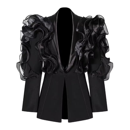 OUDINA Wholesale High End Three-Dimensional Asymmetrical Blazer Ladies Women Elegant Ruffled Jacket Women'S Suits & Blazers