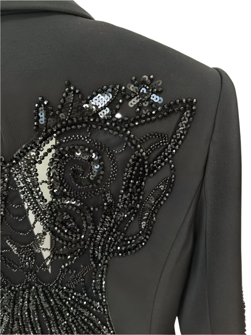 OUDINA Factory Spot Elegant Mesh Splicing Beaded Suit Jacket Chiffon Trousers Pants Blazer Two Piece Business Women'S Suit Pants