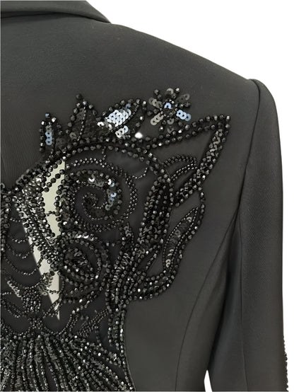 OUDINA Factory Spot Elegant Mesh Splicing Beaded Suit Jacket Chiffon Trousers Pants Blazer Two Piece Business Women'S Suit Pants