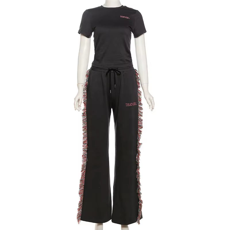OUDINA Hotselling Casual round Neck Embroidered T-Shirt Tassel Fringed Set Casual Two Piece Pants Custom Sets for Women