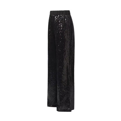 OUDINA Hot Selling Elegant Loose Gradient Black White Sequined Straight Pants Business Blazers Two Piece Women'S Wuits