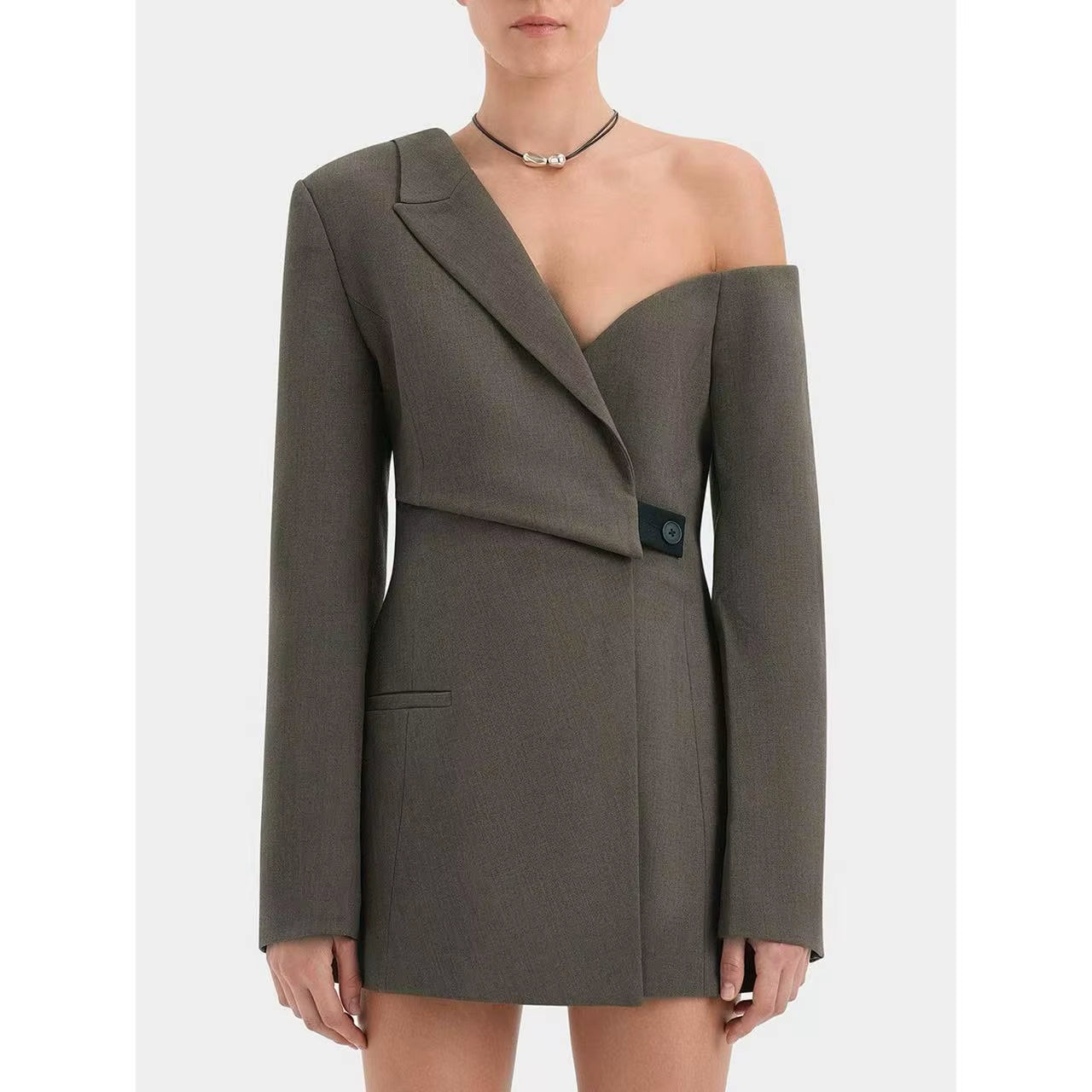 OUDINA High Quality Fashion Oblique Shoulder Irregular One Button Jacket Blazers for Women