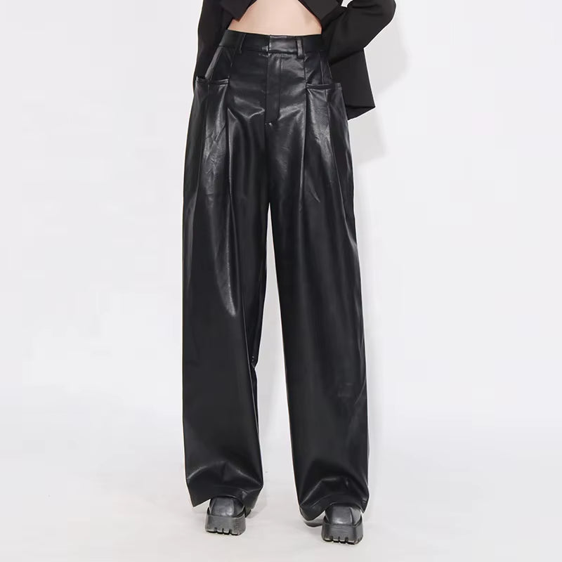 OUDINA Street Style High Waist Skinny Denim Casual Trousers Black PU Leather Pant Women'S Leather Pants