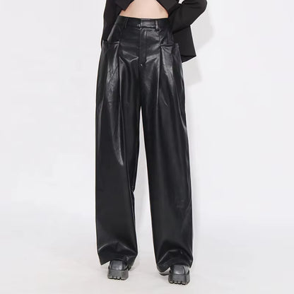 OUDINA Street Style High Waist Skinny Denim Casual Trousers Black PU Leather Pant Women'S Leather Pants