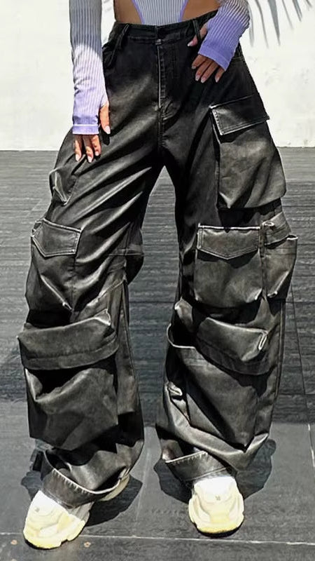 OUDINA 2023 New High Street Multi Pocket Leather Pants Solid Color High Waist Wide-Leg Cargo Trousers Women