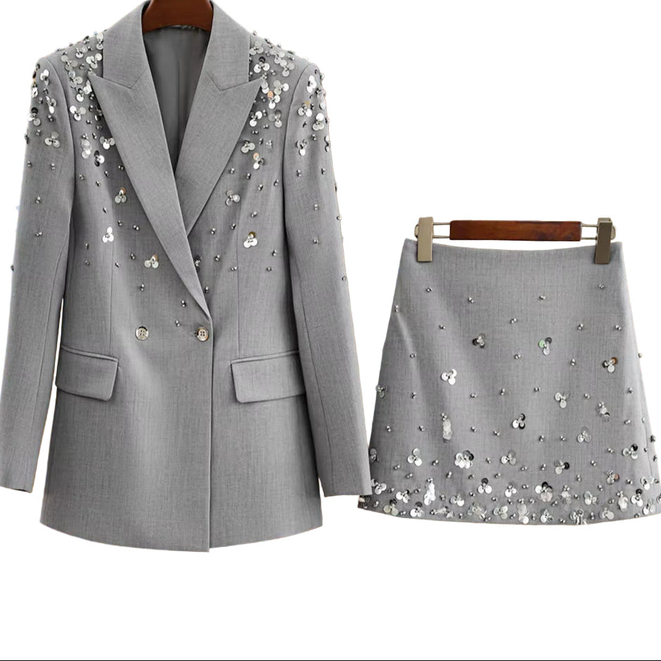 OUDINA in Stock Fashion Elegant Beads Sequins Gray Suit Blazers Skirt Two Piece Women'S Suits
