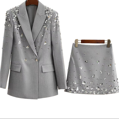 OUDINA in Stock Fashion Elegant Beads Sequins Gray Suit Blazers Skirt Two Piece Women'S Suits