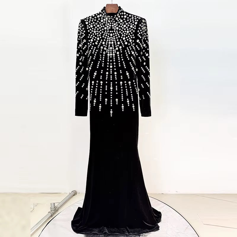 OUDINA 2025 Star Stylish Luxury Long Sleeve Rhinestones Beaded Diamond Gold Velvet plus Size Maxi Long Women Evening Dresses