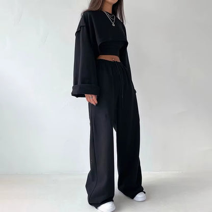 OUDINA Fashionable Casual Crop Vest Sweatshirt Suit Women Three Piece Long-Sleeved Wide Leg Pants Set