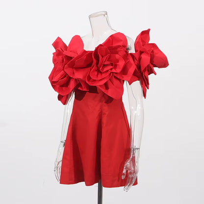 Factory Wholesale Three Dimensional Big Flower Splicing off Shoulder Solid Color Waist Short 2025 Prom Dresses Evening Dress