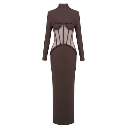 OUDINA New Hotselling Elegant round Neck Long Sleeve Mesh Bodycon Maxi Dress Party Bandage Dresses for Women