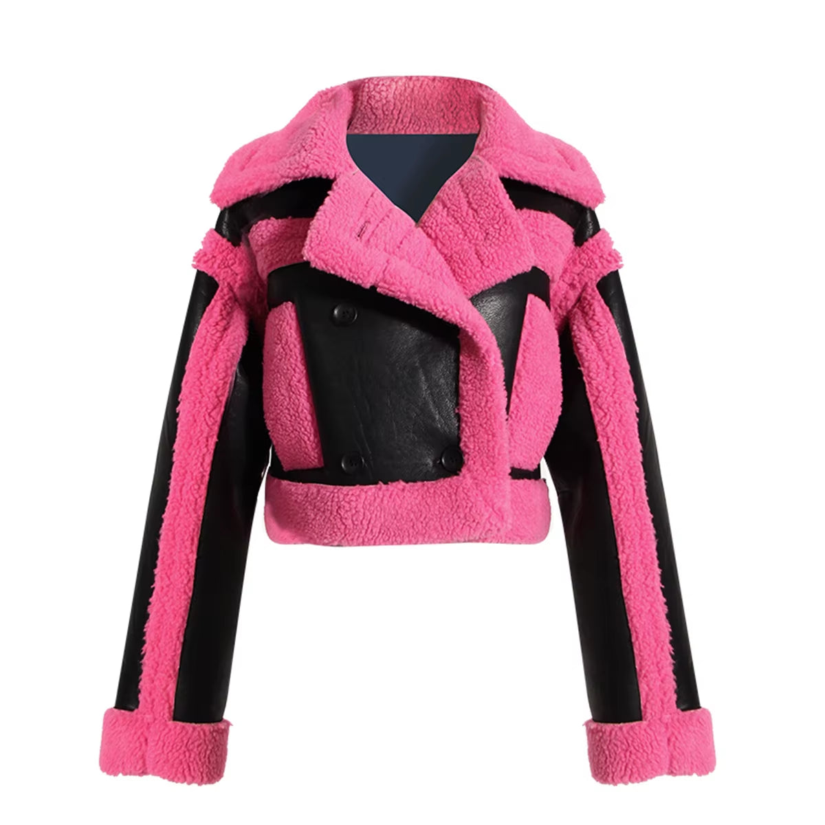 OUDINA Fashionable Winter Wholesale Cropped Contrast Color Motorcycle Jacket Faux Fur Coat Women