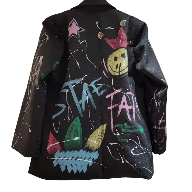 OUDINA New Chic Stylish Fall Winter Graffiti Print Personality Loose Casual Ladies Blazers Women Blazer Jacket