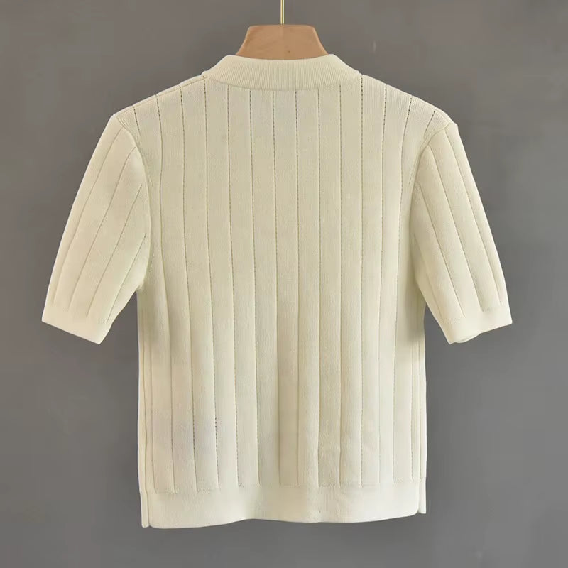 OUDINA Summer French Casual Elegant Button Short Sleeve Cardigan Top Women'S Knitted Sweater