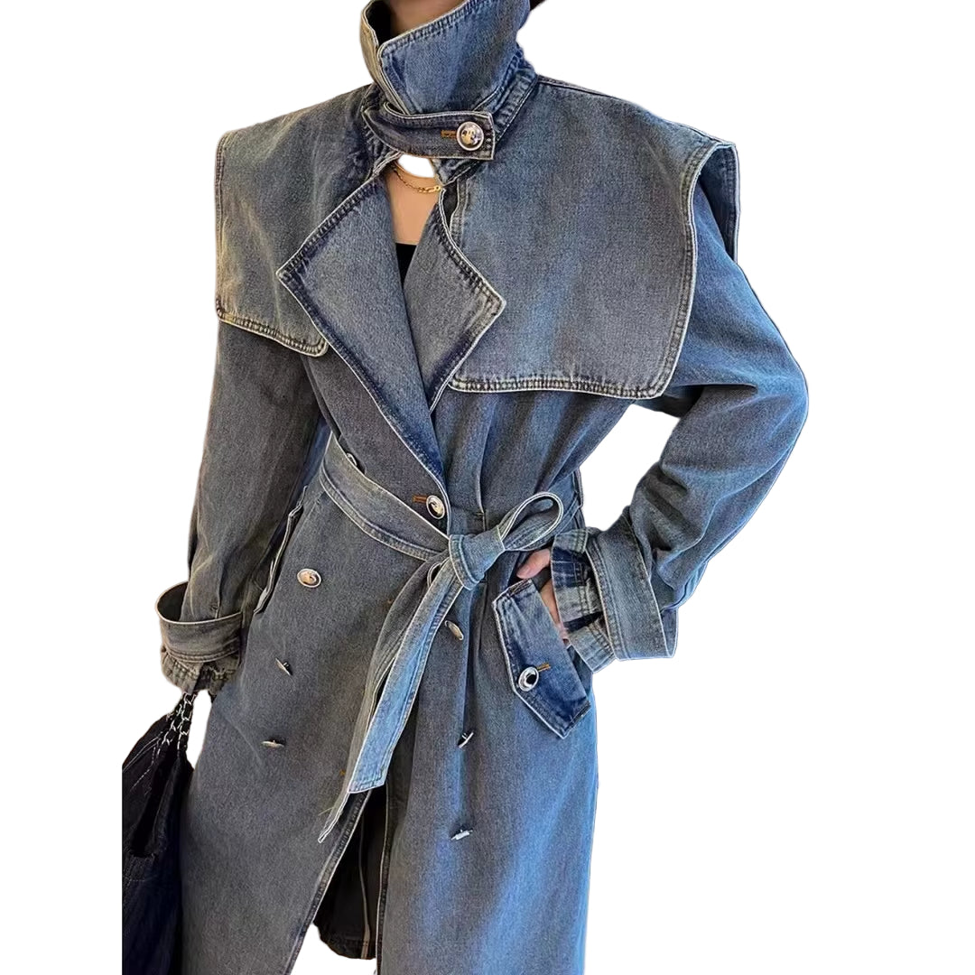 OUDINA High End Fashion Winter Loose Blue Denim Jacket Windbreaker Trench Ladies Long Coat for Women