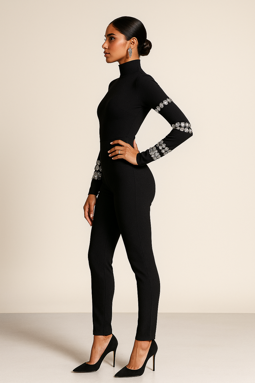 Crystal Embellished Black High-Neck Jumpsuit