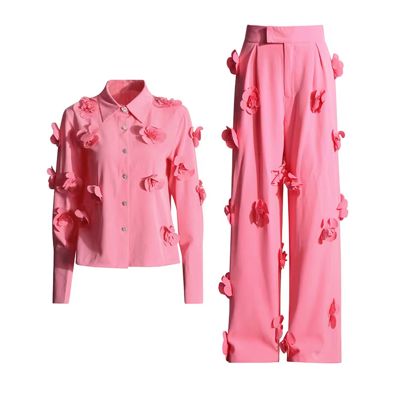 OUDINA Elegant Flowers Embroidery Shirt Straight Women Pants Set Casual 2 Piece Set Fashion Women'S Sets