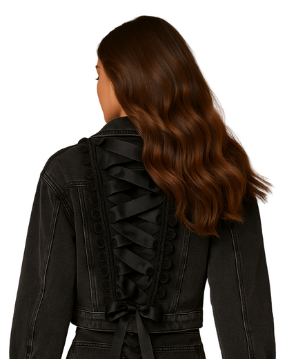 Chic Lace Bow Mini Denim Jacket and Skirt Set for Effortless Style