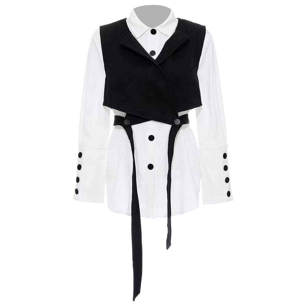 OUDINA Fashion Lady Lace White Two Piece Shirt and Vest Set Pleated Mid-Length Shirt Top for Women Blouses Shirts