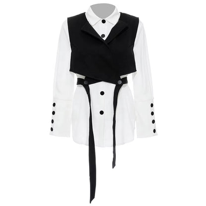 OUDINA Fashion Lady Lace White Two Piece Shirt and Vest Set Pleated Mid-Length Shirt Top for Women Blouses Shirts