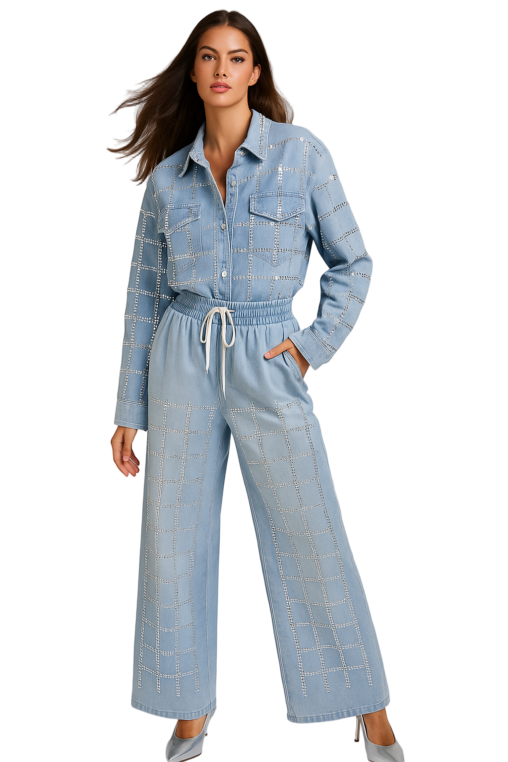 Crystal Grid Light Blue Denim Co-ord Set